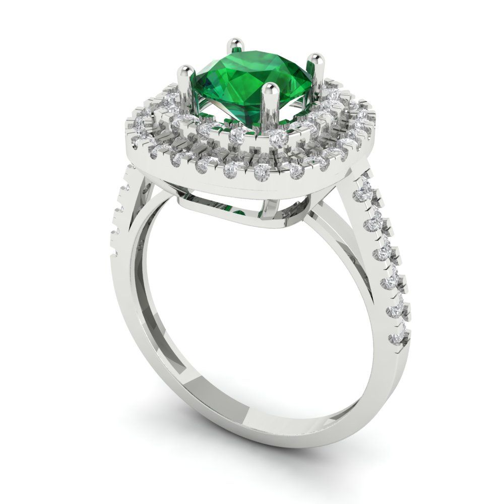 1.615 cttw Simulated Emerald Solitaire with Zirconia Simulated Diamond Accents Engagement Ring - Solid White Gold (VVS1, Round Cut,6.5mm)