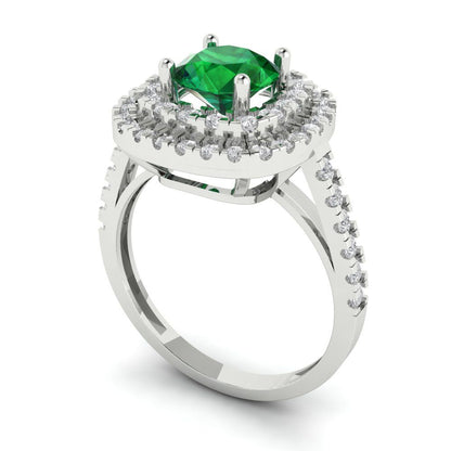 1.615 cttw Simulated Emerald Solitaire with Zirconia Simulated Diamond Accents Engagement Ring - Solid White Gold (VVS1, Round Cut,6.5mm)