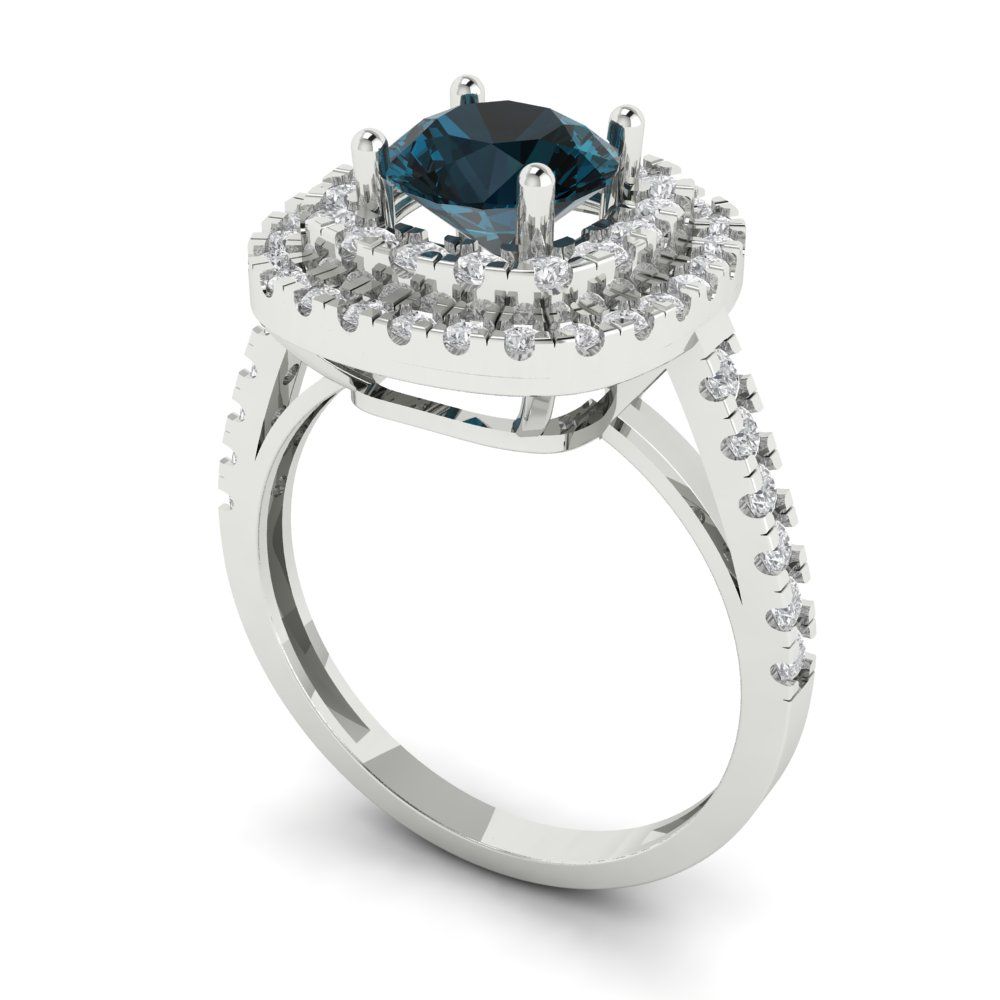 1.615 cttw Natural London Blue Topaz Solitaire with Zirconia Simulated Diamond Accents Engagement Ring - Solid White Gold (VVS1, Round Cut,6.5mm)