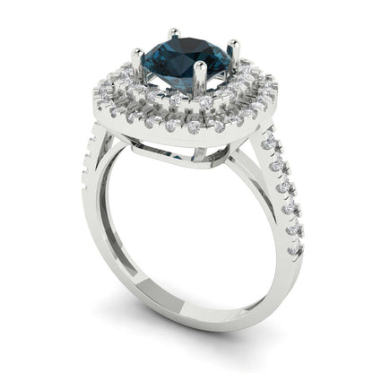 1.615 cttw Natural London Blue Topaz Solitaire with Zirconia Simulated Diamond Accents Engagement Ring - Solid White Gold (VVS1, Round Cut,6.5mm)