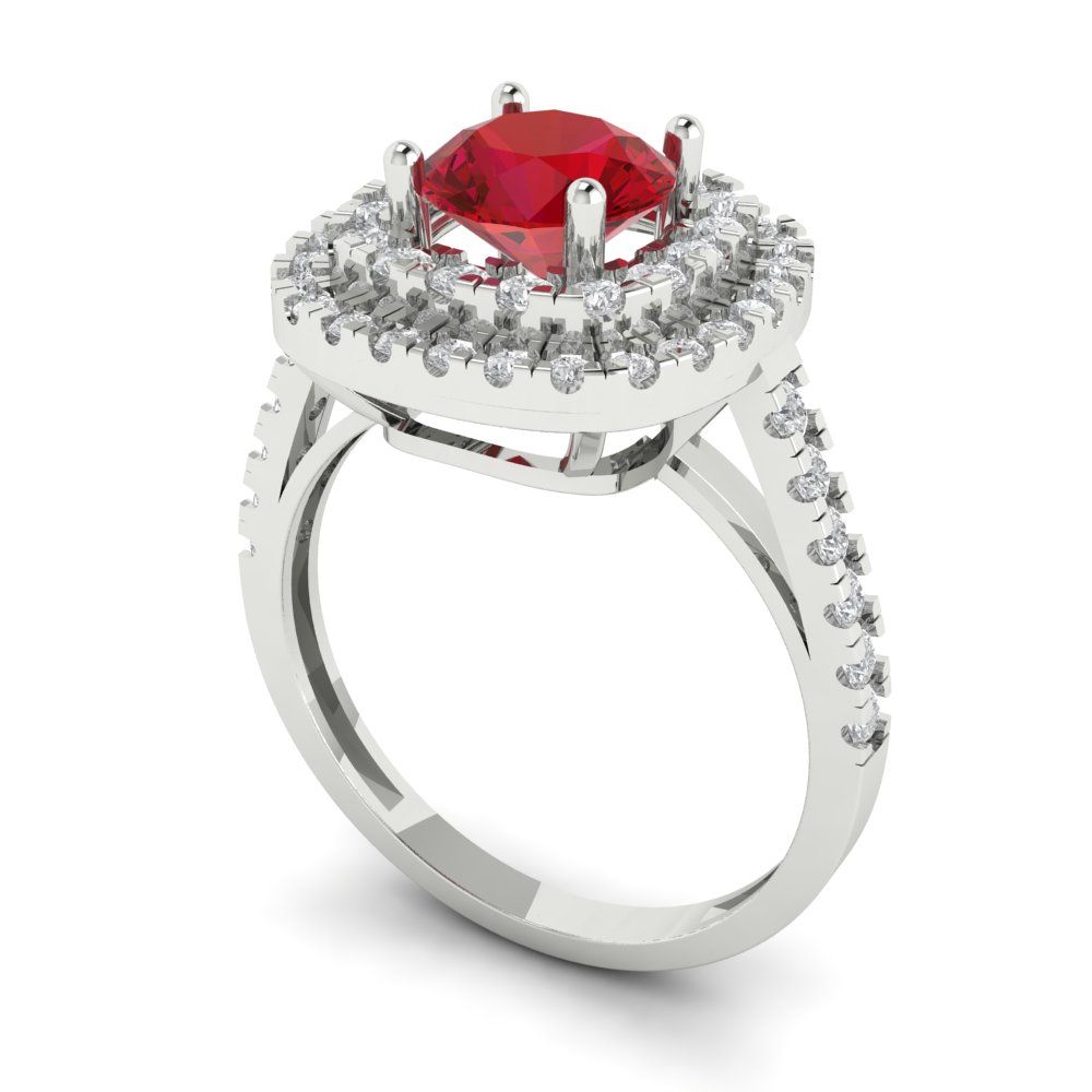 1.615 cttw Simulated Ruby Solitaire with Zirconia Simulated Diamond Accents Engagement Ring - Solid White Gold (VVS1, Round Cut,6.5mm)
