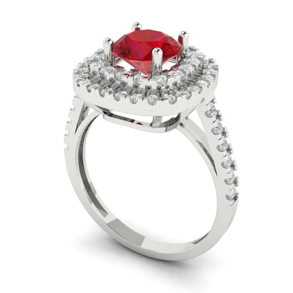 1.615 cttw Simulated Ruby Solitaire with Zirconia Simulated Diamond Accents Engagement Ring - Solid White Gold (VVS1, Round Cut,6.5mm)
