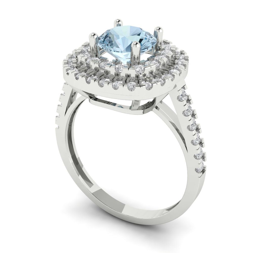 1.615 cttw Natural Aquamarine Solitaire with Zirconia Simulated Diamond Accents Engagement Ring - Solid White Gold (VVS1, Round Cut,6.5mm)