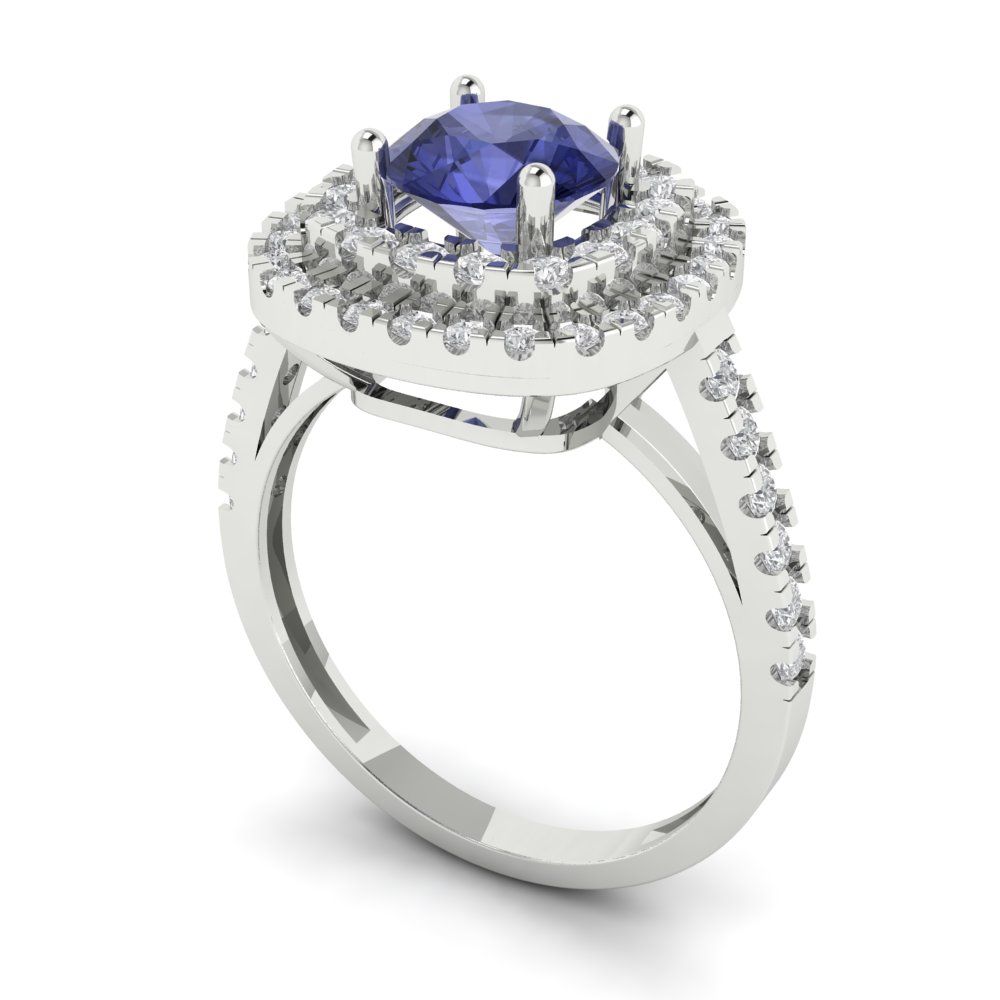 1.615 cttw Simulated Tanzanite Solitaire with Zirconia Simulated Diamond Accents Engagement Ring - Solid White Gold (VVS1, Round Cut,6.5mm)