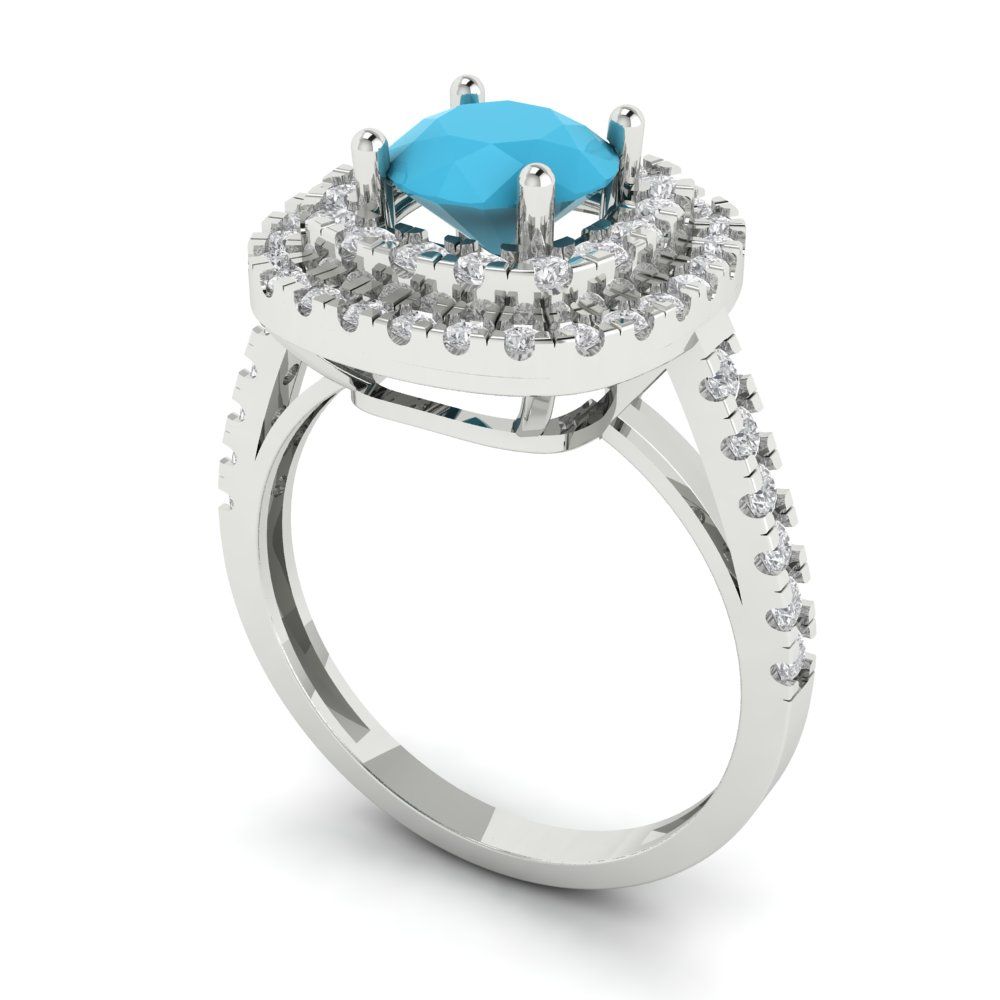 1.615 cttw Simulated Turquoise Solitaire with Zirconia Simulated Diamond Accents Engagement Ring - Solid White Gold (VVS1, Round Cut,6.5mm)
