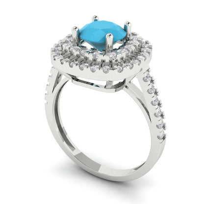 1.615 cttw Simulated Turquoise Solitaire with Zirconia Simulated Diamond Accents Engagement Ring - Solid White Gold (VVS1, Round Cut,6.5mm)