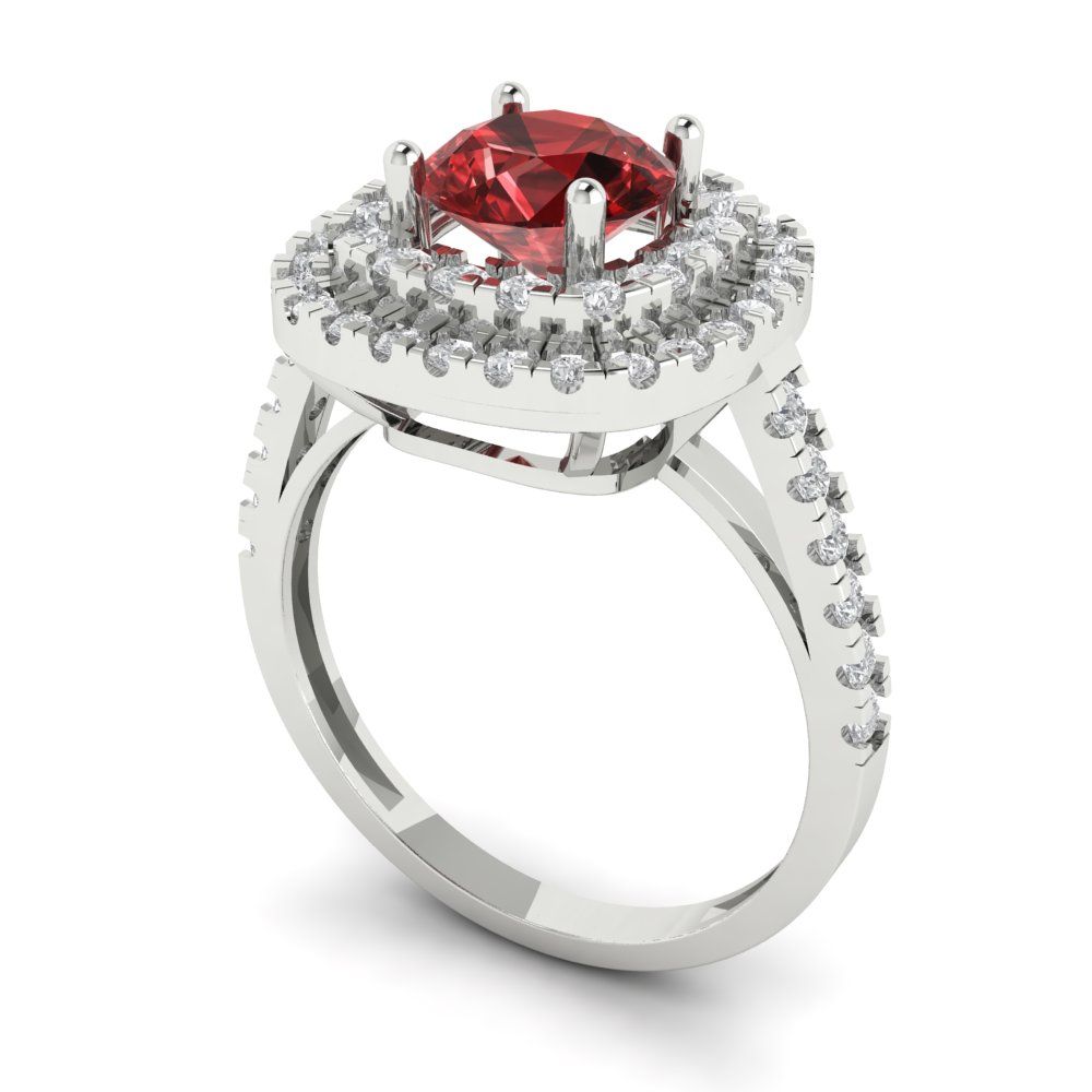 1.615 cttw Natural Garnet Solitaire with Zirconia Simulated Diamond Accents Engagement Ring - Solid White Gold (VVS1, Round Cut,6.5mm)