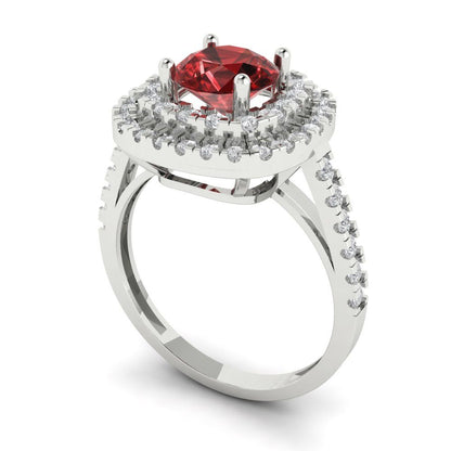 1.615 cttw Natural Garnet Solitaire with Zirconia Simulated Diamond Accents Engagement Ring - Solid White Gold (VVS1, Round Cut,6.5mm)