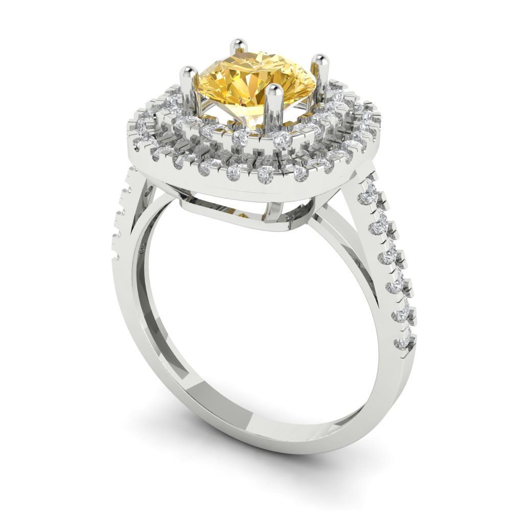 1.615 cttw Zirconia Simulated Yellow Diamond Solitaire with Zirconia Simulated Diamond Accents Engagement Ring - Solid White Gold (VVS1, Round Cut,6.5mm)