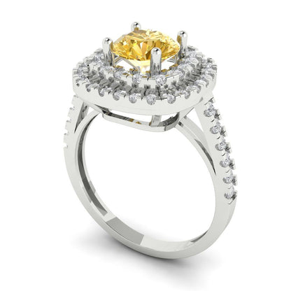 1.615 cttw Zirconia Simulated Yellow Diamond Solitaire with Zirconia Simulated Diamond Accents Engagement Ring - Solid White Gold (VVS1, Round Cut,6.5mm)