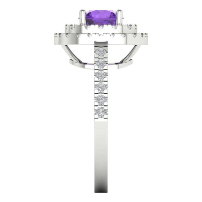 1.615 cttw Natural Amethyst Solitaire with Zirconia Simulated Diamond Accents Engagement Ring - Solid White Gold (VVS1, Round Cut,6.5mm)