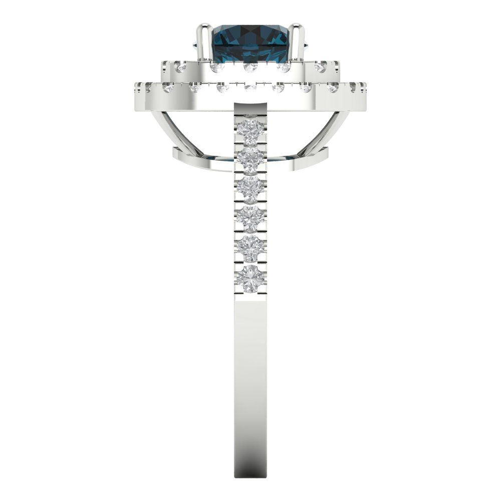 1.615 cttw Natural London Blue Topaz Solitaire with Zirconia Simulated Diamond Accents Engagement Ring - Solid White Gold (VVS1, Round Cut,6.5mm)