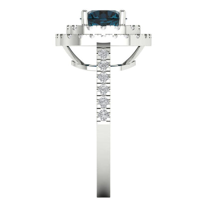 1.615 cttw Natural London Blue Topaz Solitaire with Zirconia Simulated Diamond Accents Engagement Ring - Solid White Gold (VVS1, Round Cut,6.5mm)