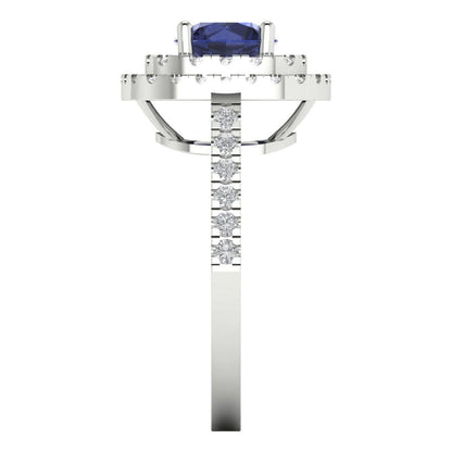 1.615 cttw Simulated Blue Sapphire Solitaire with Zirconia Simulated Diamond Accents Engagement Ring - Solid White Gold (VVS1, Round Cut,6.5mm)