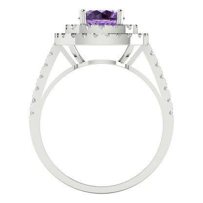 1.615 cttw Simulated Alexandrite Solitaire with Zirconia Simulated Diamond Accents Engagement Ring - Solid White Gold (VVS1, Round Cut,6.5mm)