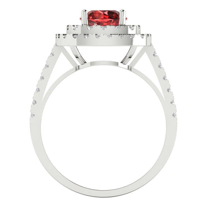 1.615 cttw Natural Garnet Solitaire with Zirconia Simulated Diamond Accents Engagement Ring - Solid White Gold (VVS1, Round Cut,6.5mm)