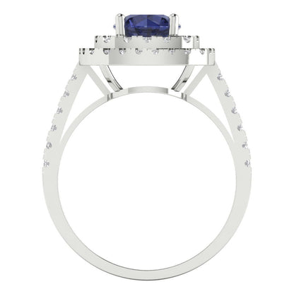1.615 cttw Simulated Blue Sapphire Solitaire with Zirconia Simulated Diamond Accents Engagement Ring - Solid White Gold (VVS1, Round Cut,6.5mm)