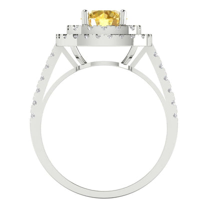 1.615 cttw Zirconia Simulated Yellow Diamond Solitaire with Zirconia Simulated Diamond Accents Engagement Ring - Solid White Gold (VVS1, Round Cut,6.5mm)