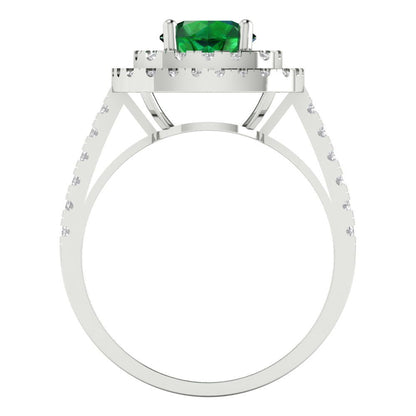 1.615 cttw Simulated Emerald Solitaire with Zirconia Simulated Diamond Accents Engagement Ring - Solid White Gold (VVS1, Round Cut,6.5mm)
