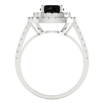 1.615 cttw Natural Onyx Solitaire with Zirconia Simulated Diamond Accents Engagement Ring - Solid White Gold (VVS1, Round Cut,6.5mm)