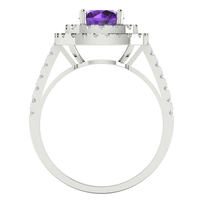 1.615 cttw Natural Amethyst Solitaire with Zirconia Simulated Diamond Accents Engagement Ring - Solid White Gold (VVS1, Round Cut,6.5mm)