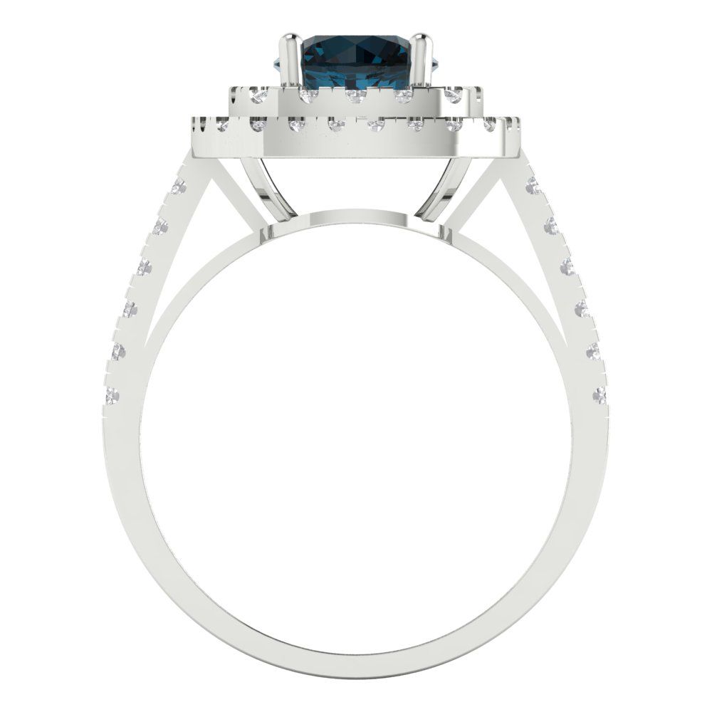 1.615 cttw Natural London Blue Topaz Solitaire with Zirconia Simulated Diamond Accents Engagement Ring - Solid White Gold (VVS1, Round Cut,6.5mm)
