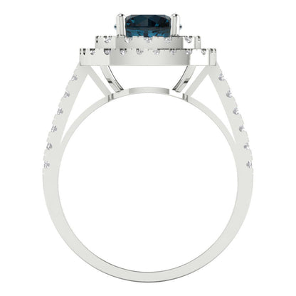 1.615 cttw Natural London Blue Topaz Solitaire with Zirconia Simulated Diamond Accents Engagement Ring - Solid White Gold (VVS1, Round Cut,6.5mm)