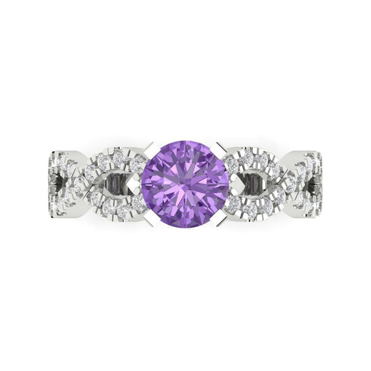 1.42 cttw Simulated Alexandrite Solitaire with Zirconia Simulated Diamond Accents Engagement Ring - Solid White Gold (VVS1, Round Cut,6.5mm)