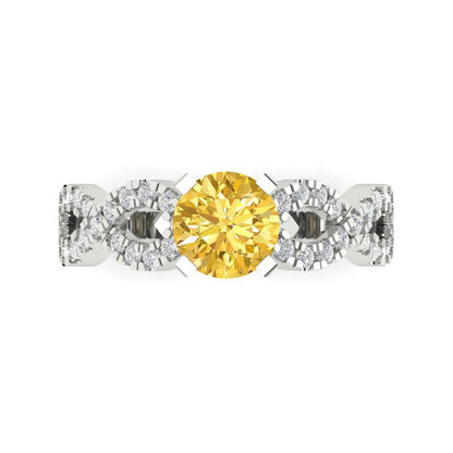 1.42 cttw Natural Citrine Solitaire with Zirconia Simulated Diamond Accents Engagement Ring - Solid White Gold (VVS1, Round Cut,6.5mm)