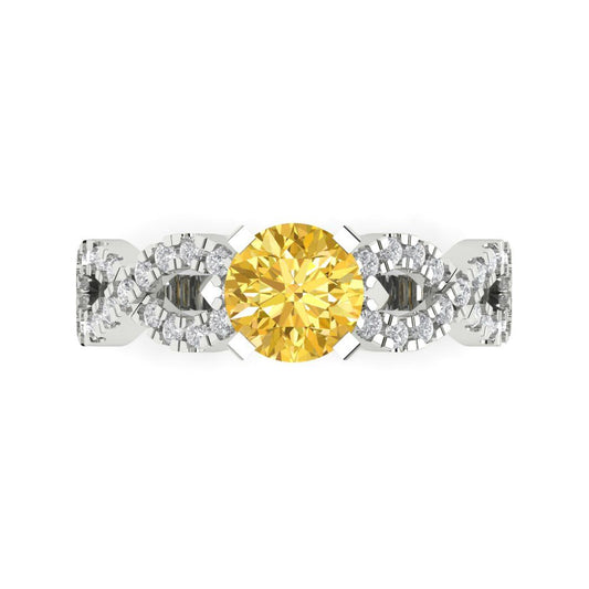1.42 cttw Natural Citrine Solitaire with Zirconia Simulated Diamond Accents Engagement Ring - Solid White Gold (VVS1, Round Cut,6.5mm)