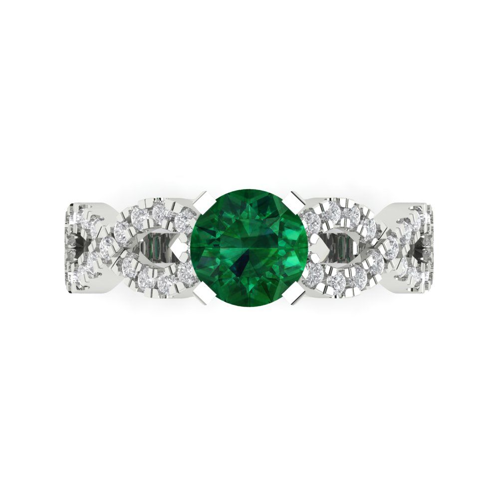 1.42 cttw Simulated Emerald Solitaire with Zirconia Simulated Diamond Accents Engagement Ring - Solid White Gold (VVS1, Round Cut,6.5mm)