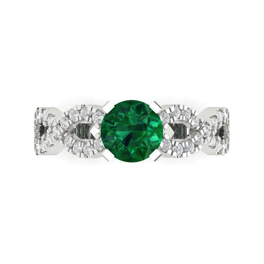 1.42 cttw Simulated Emerald Solitaire with Zirconia Simulated Diamond Accents Engagement Ring - Solid White Gold (VVS1, Round Cut,6.5mm)