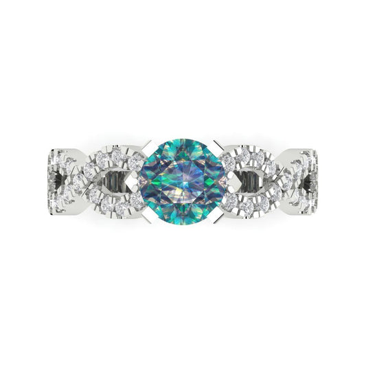 1.42 cttw Blue Moissanite Solitaire with Zirconia Simulated Diamond Accents Engagement Ring - Solid White Gold (VVS1, Round Cut,6.5mm)