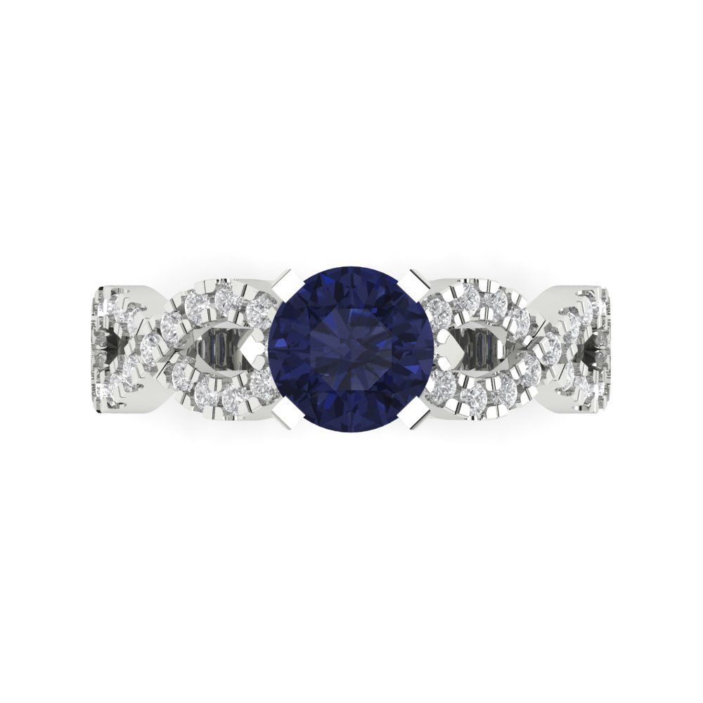 1.42 cttw Simulated Blue Sapphire Solitaire with Zirconia Simulated Diamond Accents Engagement Ring - Solid White Gold (VVS1, Round Cut,6.5mm)