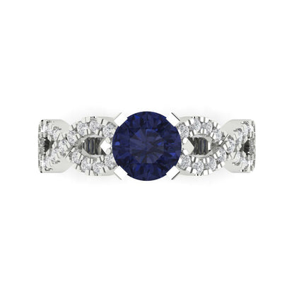 1.42 cttw Simulated Blue Sapphire Solitaire with Zirconia Simulated Diamond Accents Engagement Ring - Solid White Gold (VVS1, Round Cut,6.5mm)