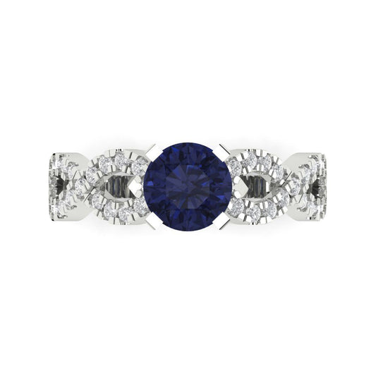 1.42 cttw Simulated Blue Sapphire Solitaire with Zirconia Simulated Diamond Accents Engagement Ring - Solid White Gold (VVS1, Round Cut,6.5mm)