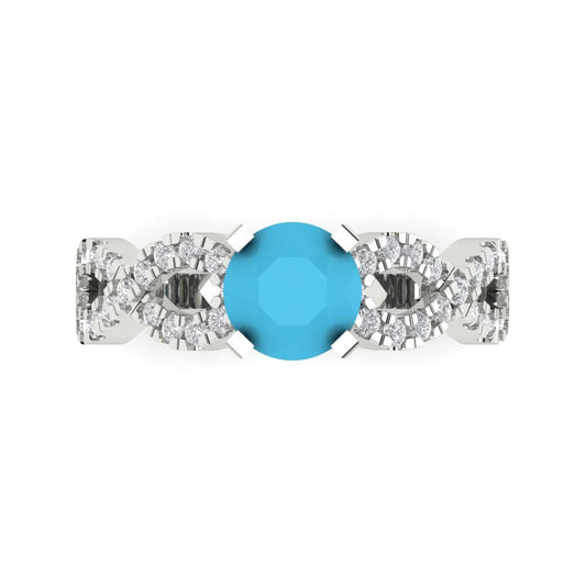 1.42 cttw Simulated Turquoise Solitaire with Zirconia Simulated Diamond Accents Engagement Ring - Solid White Gold (VVS1, Round Cut,6.5mm)