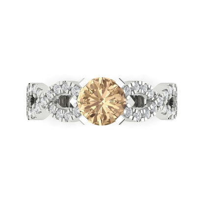 1.42 cttw Yellow Moissanite Solitaire with Zirconia Simulated Diamond Accents Engagement Ring - Solid White Gold (VVS1, Round Cut,6.5mm)