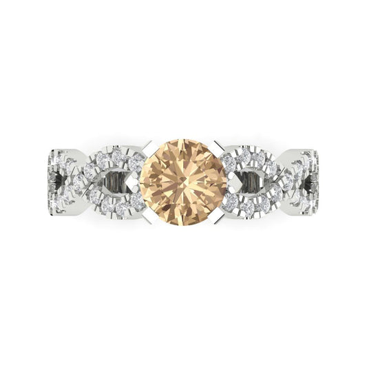 1.42 cttw Yellow Moissanite Solitaire with Zirconia Simulated Diamond Accents Engagement Ring - Solid White Gold (VVS1, Round Cut,6.5mm)