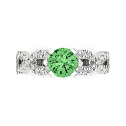1.42 cttw Zirconia Simulated Green Diamond Solitaire with Zirconia Simulated Diamond Accents Engagement Ring - Solid White Gold (VVS1, Round Cut,6.5mm)