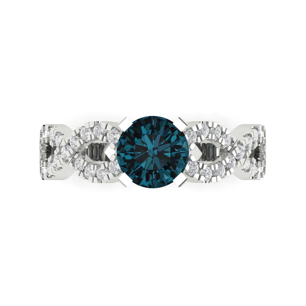 1.42 cttw Natural London Blue Topaz Solitaire with Zirconia Simulated Diamond Accents Engagement Ring - Solid White Gold (VVS1, Round Cut,6.5mm)