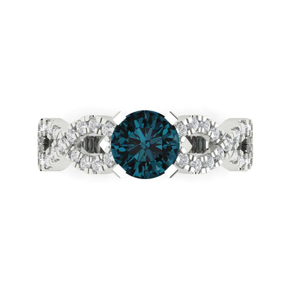 1.42 cttw Natural London Blue Topaz Solitaire with Zirconia Simulated Diamond Accents Engagement Ring - Solid White Gold (VVS1, Round Cut,6.5mm)