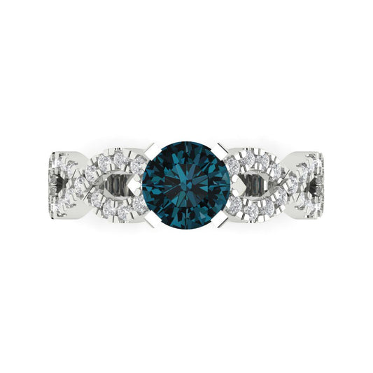 1.42 cttw Natural London Blue Topaz Solitaire with Zirconia Simulated Diamond Accents Engagement Ring - Solid White Gold (VVS1, Round Cut,6.5mm)