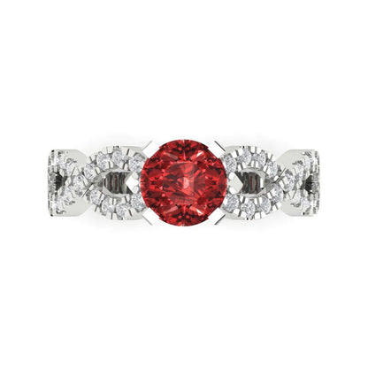 1.42 cttw Natural Garnet Solitaire with Zirconia Simulated Diamond Accents Engagement Ring - Solid White Gold (VVS1, Round Cut,6.5mm)