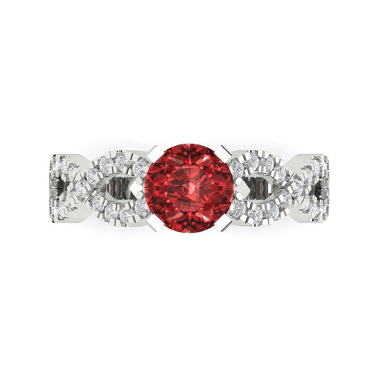 1.42 cttw Natural Garnet Solitaire with Zirconia Simulated Diamond Accents Engagement Ring - Solid White Gold (VVS1, Round Cut,6.5mm)