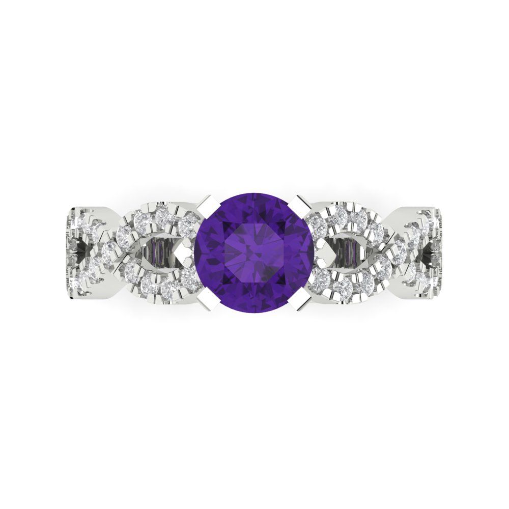 1.42 cttw Natural Amethyst Solitaire with Zirconia Simulated Diamond Accents Engagement Ring - Solid White Gold (VVS1, Round Cut,6.5mm)