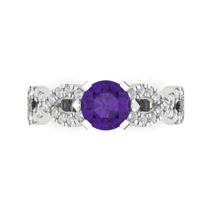 1.42 cttw Natural Amethyst Solitaire with Zirconia Simulated Diamond Accents Engagement Ring - Solid White Gold (VVS1, Round Cut,6.5mm)