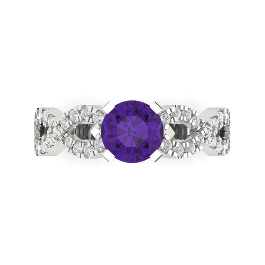 1.42 cttw Natural Amethyst Solitaire with Zirconia Simulated Diamond Accents Engagement Ring - Solid White Gold (VVS1, Round Cut,6.5mm)