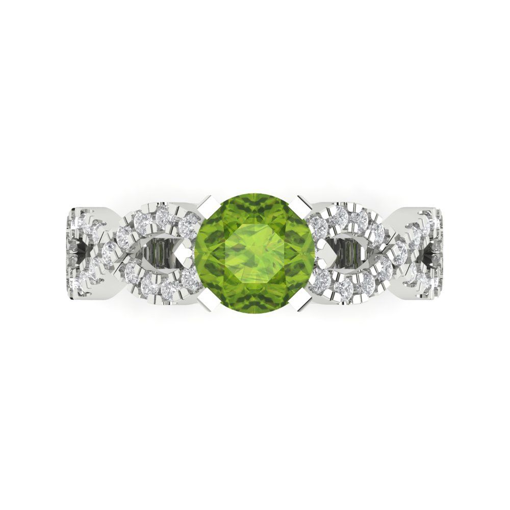 1.42 cttw Natural Peridot Solitaire with Zirconia Simulated Diamond Accents Engagement Ring - Solid White Gold (VVS1, Round Cut,6.5mm)