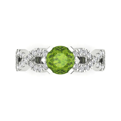 1.42 cttw Natural Peridot Solitaire with Zirconia Simulated Diamond Accents Engagement Ring - Solid White Gold (VVS1, Round Cut,6.5mm)